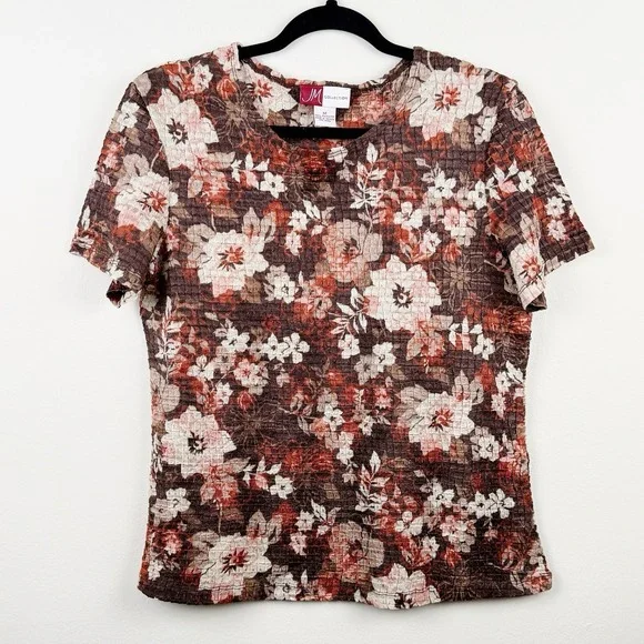 JM Collection Women's Medium Floral Textured Stretch Top Brown Orange Cream - Picture 1 of 5